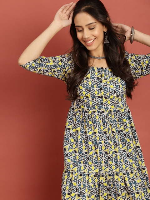 

Taavi Women Green & Blue Block Print Legacy A-Line Sustainable Kurta with Gathers