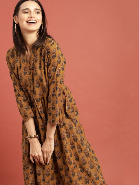 

Taavi Women Mustard Brown & Maroon Block Print Legacy A-Line Kurta with Gathers