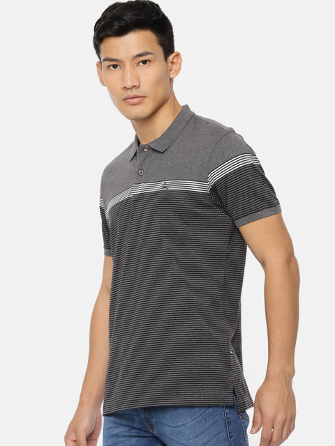 

Parx Men Charcoal Grey Striped Polo Collar T-shirt