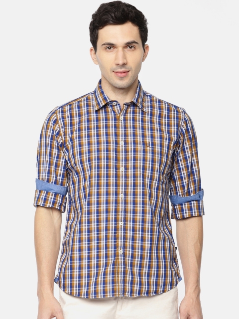 

Parx Men Mustard Yellow & Navy Slim Fit Checked Casual Shirt