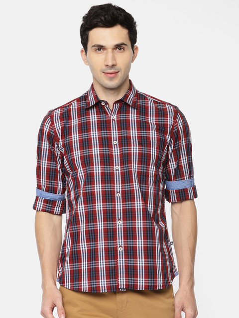 

Parx Men Rust Red & Navy Slim Fit Checked Casual Shirt