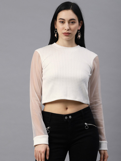 

EMBLAZE Women White Self-Design Cropped Top