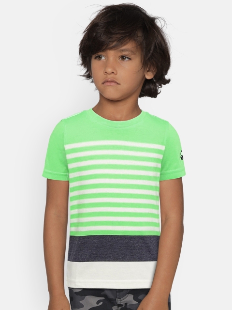 

United Colors of Benetton Boys Fluorescent Green & White Striped Round Neck T-shirt