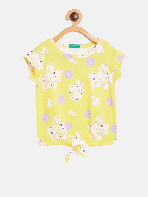 

United Colors of Benetton Girls Yellow & Off-White Floral Print Pure Cotton Top