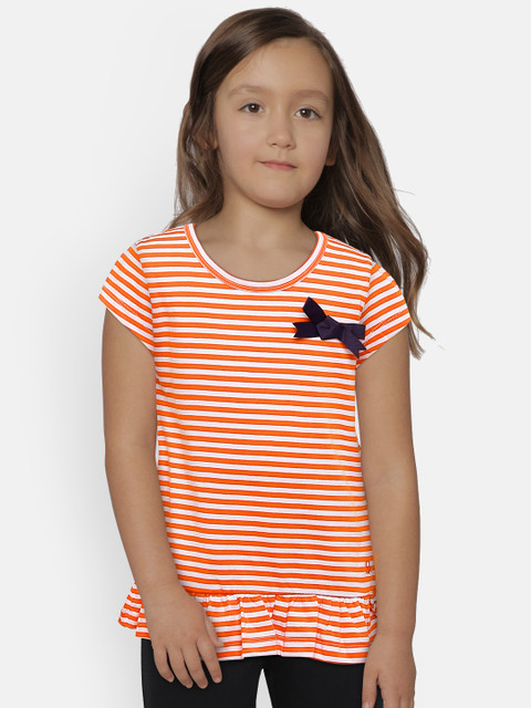 

United Colors of Benetton Girls Orange & White Striped A-Line Pure Cotton Top