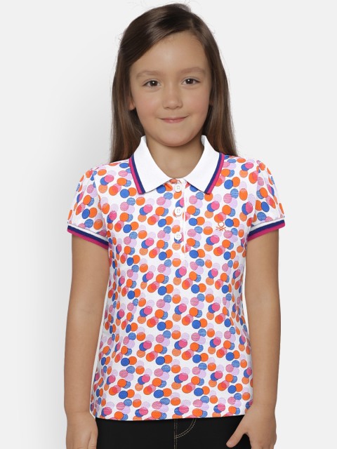 

United Colors of Benetton Girls White & Pink Printed Polo Collar T-shirt