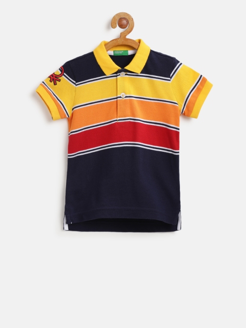 

United Colors of Benetton Boys Navy Blue & Yellow Striped Polo Collar T-shirt
