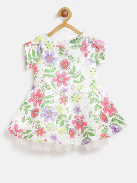 

United Colors of Benetton Girls & Pink White Self Design Fit and Flare Dress