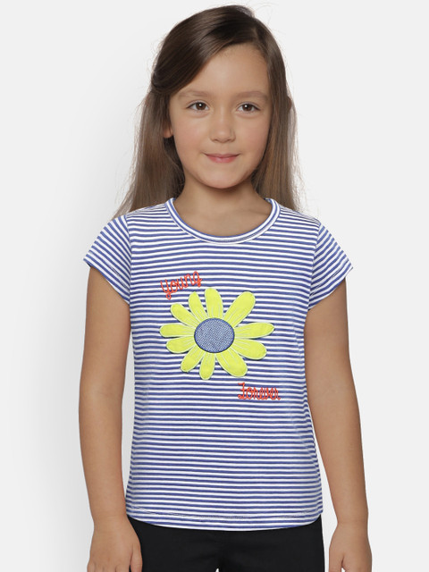 

United Colors of Benetton Girls Blue & White Striped Round Neck T-shirt