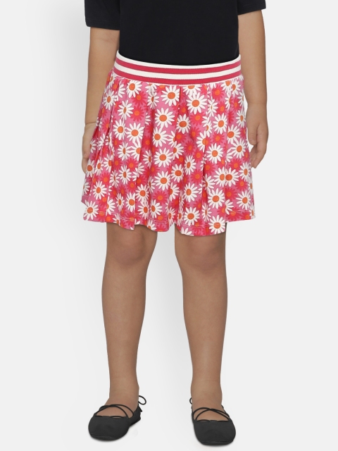 United Colors of Benetton Girls Pink & White Printed Flared Pure Cotton Skirt