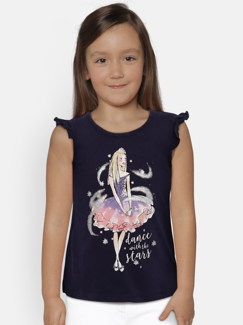 

United Colors of Benetton Girls Navy Blue Printed Pure Cotton Top