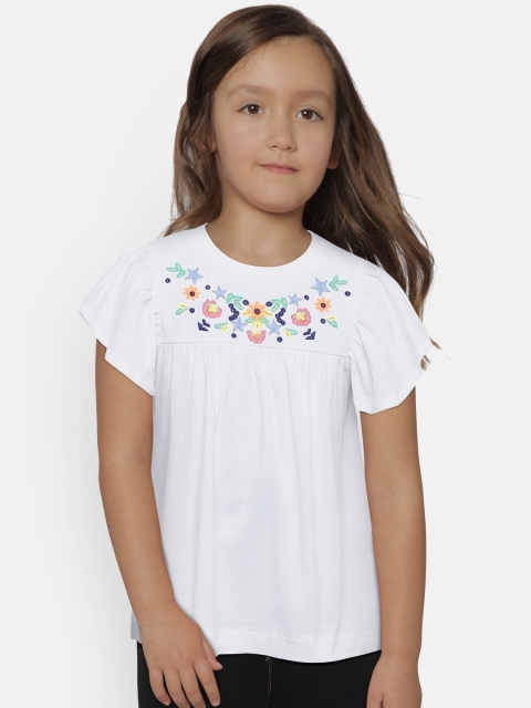 

United Colors of Benetton Girls White Solid A-Line Pure Cotton Top with Embroidered Detail