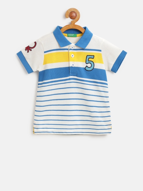 

United Colors of Benetton Boys White & Blue Striped Polo Collar T-shirt