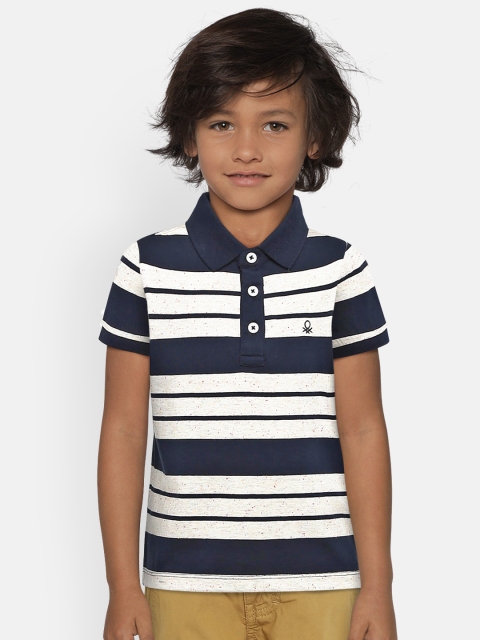 

United Colors of Benetton Boys Navy Blue & Grey Melange Striped Polo Collar T-shirt