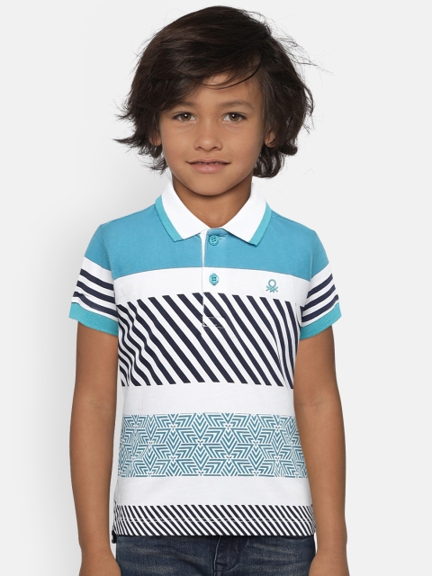 

United Colors of Benetton Boys White & Blue Printed Polo Collar T-shirt