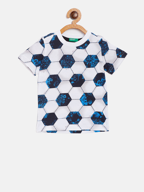 

United Colors of Benetton Boys White & Blue Printed Round Neck T-shirt