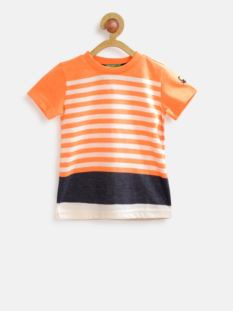 

United Colors of Benetton Boys Orange & Off-White Striped Round Neck T-shirt