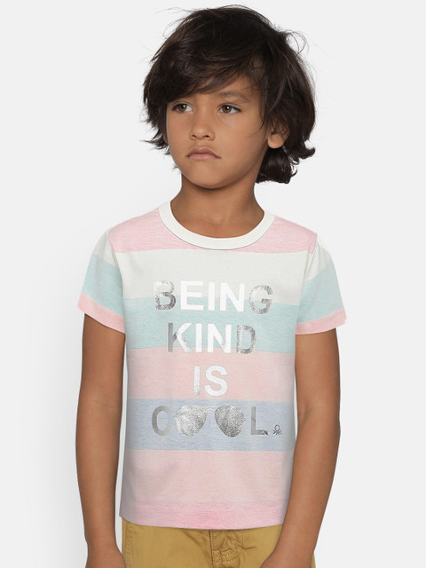 

United Colors of Benetton Boys Pink & Blue Striped Round Neck T-shirt