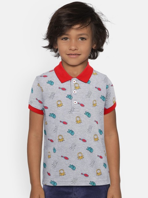 

United Colors of Benetton Boys Grey Melange Printed Polo Collar T-shirt