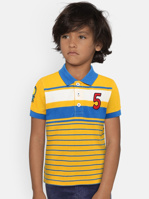 

United Colors of Benetton Boys Yellow & Blue Striped Polo Collar T-shirt
