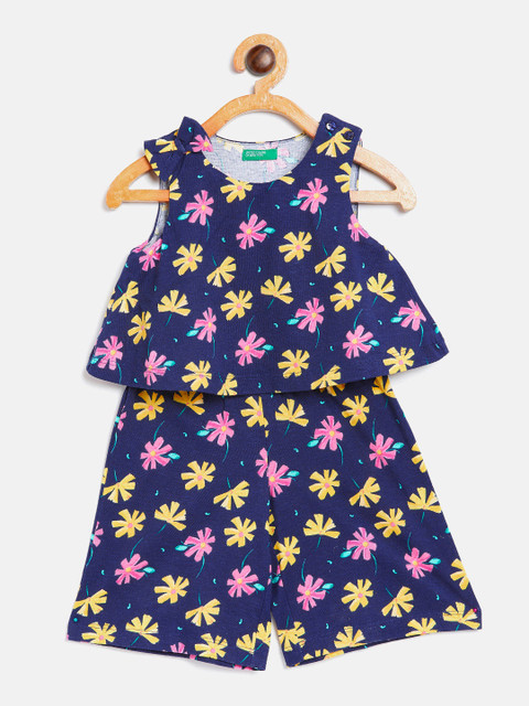 

United Colors of Benetton Girls Navy Blue & Pink Printed Layered Jumpsuit
