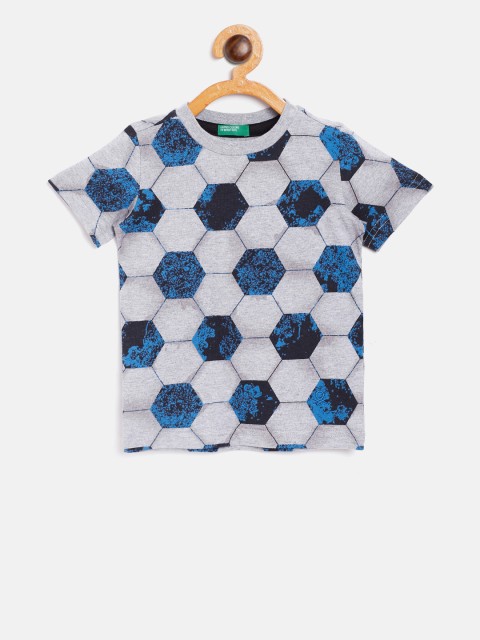 

United Colors of Benetton Boys Grey Melange & Blue Printed Round Neck T-shirt