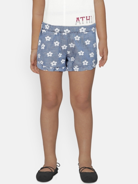 

United Colors of Benetton Girls Blue & White Floral Print Chambray Shorts