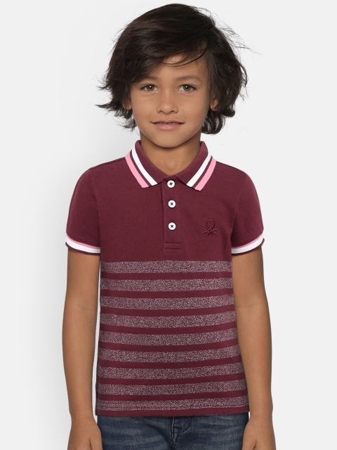 

United Colors of Benetton Boys Burgundy & Off-White Striped Polo Collar T-shirt