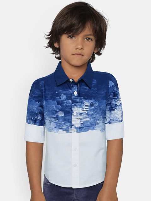 

United Colors of Benetton Boys Blue & White Regular Fit Printed Casual Shirt