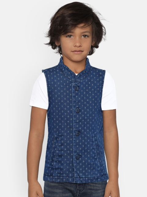 

United Colors of Benetton Boys Navy Blue Woven Design Denim Nehru Jacket