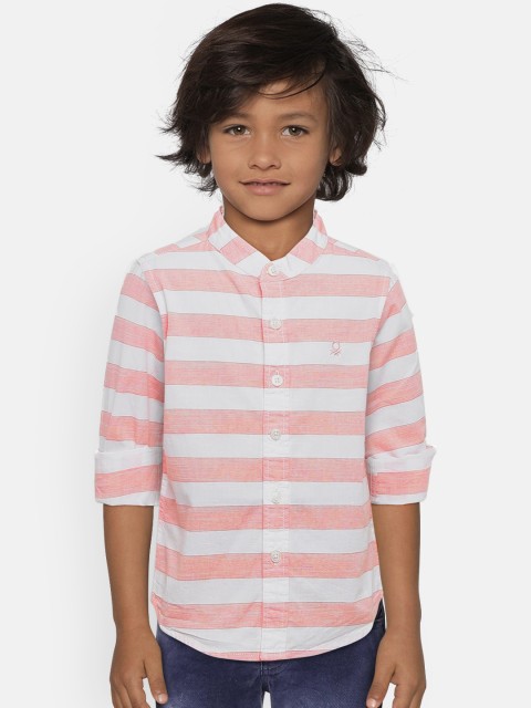 

United Colors of Benetton Boys Peach-Coloured & White Striped Casual Shirt