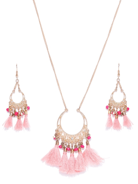 

KARATCART Pink Gold-Plated Tasselled Stone-Studded Layered Jewellery Set