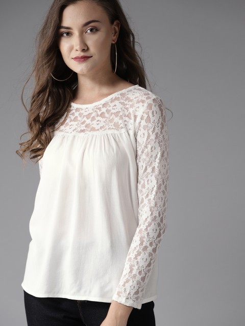 

Moda Rapido Women White Solid Lace Inserts A-Line Top