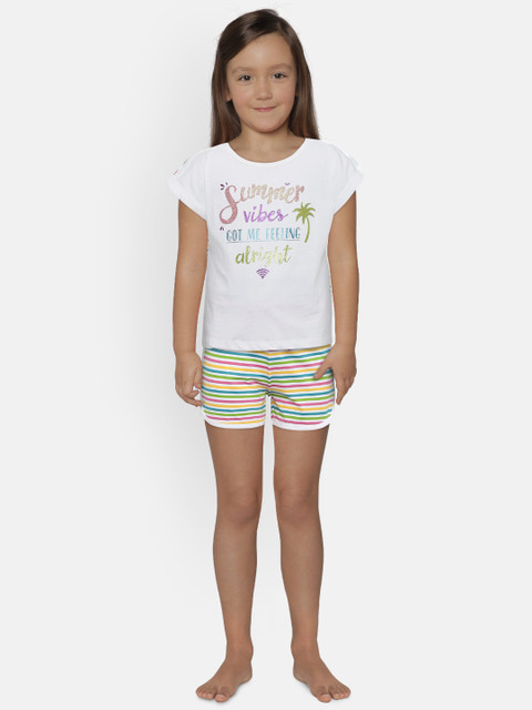 

United Colors of Benetton Girls White & Green Printed Top with Shorts