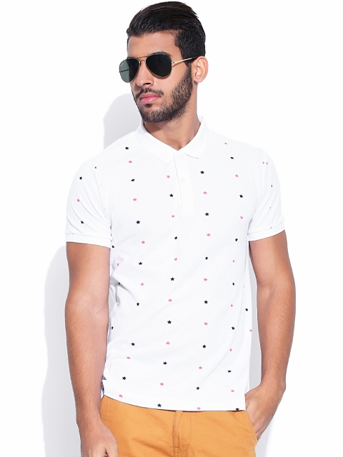 

United Colors of Benetton Men White Star Print Polo T-shirt