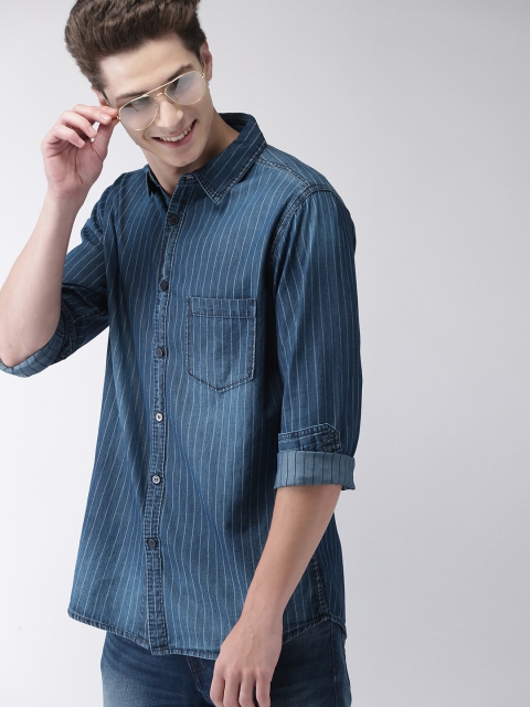 

Mast & Harbour Men Blue Regular Fit Striped Denim Shirt