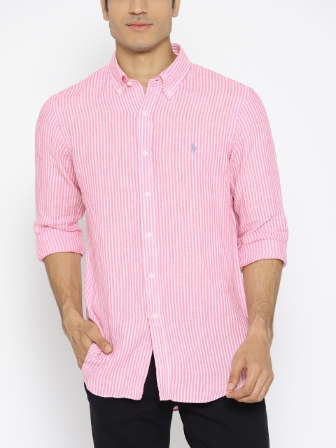 

Polo Ralph Lauren Men Pink & White Striped Linen Regular Fit Casual Shirt
