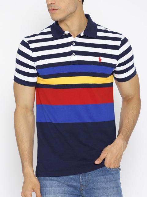 

Polo Ralph Lauren Men Navy Blue & White Striped Polo Collar T-shirt