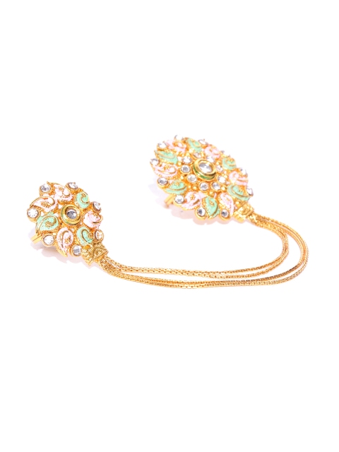 

KARATCART Women Pink & Green Gold-Plated Enamelled Adjustable Dual Finger Ring with Chain