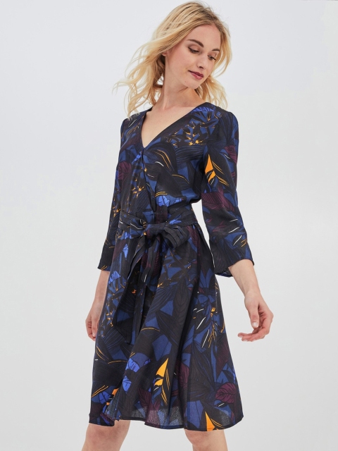 

promod Women Navy Blue Printed Wrap Dress