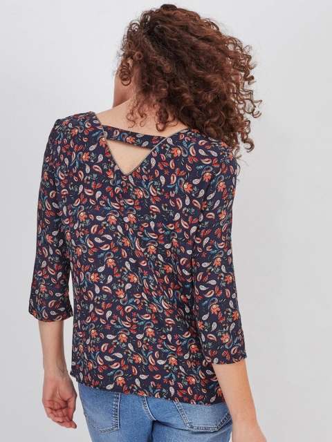 

promod Women Navy Blue Printed Styled Back Top