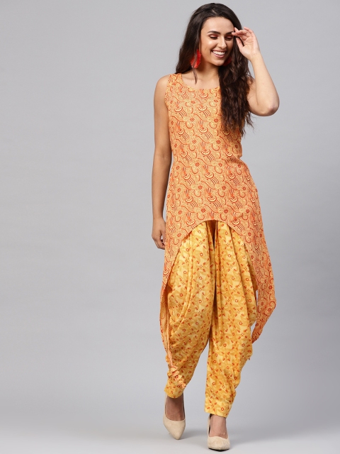 

Pannkh Women Yellow & Orange Printed Kurta with Dhoti Pants