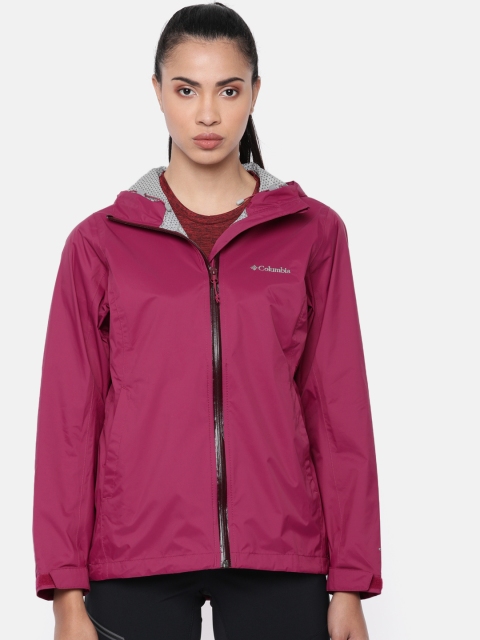 

Columbia Women Pink Solid Hooded EvaPOURation Waterproof Outdoor Rain Jacket