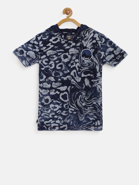 

Gini and Jony Boys Navy Blue Chambray Printed Hood T-shirt