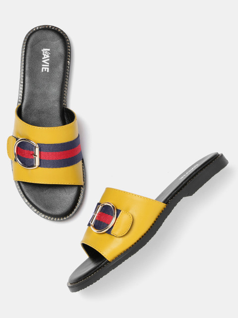 

Lavie Women Mustard Yellow Striped Detail Open Toe Flats