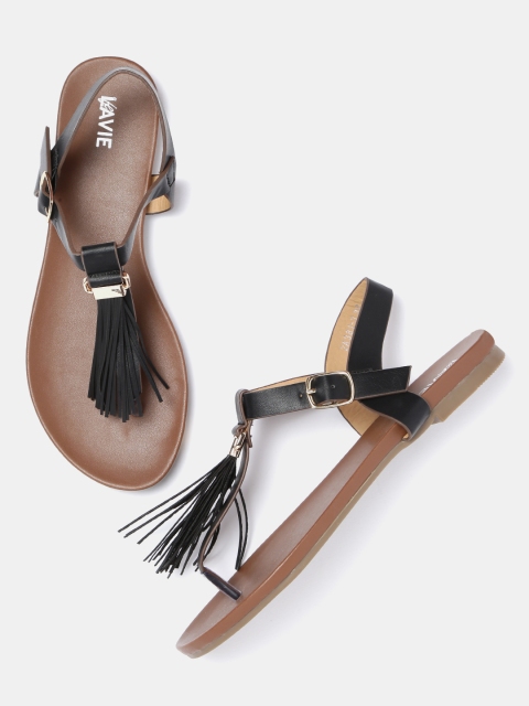 

Lavie Women Black Tasselled T-Strap Flats