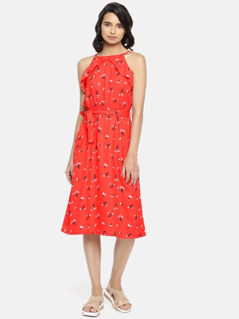

People Women Orange Printed Fit and Flare Dress