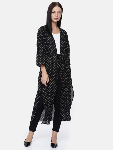 

People Women Black Printed Tie-Up Shrug