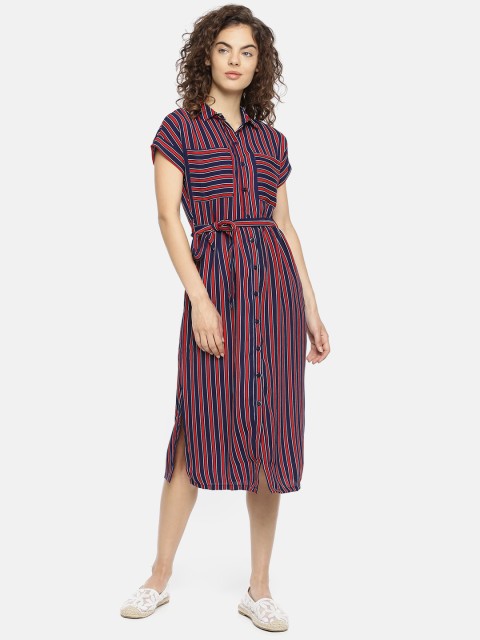 

People Women Red & Navy Blue Striped Shirt Dress