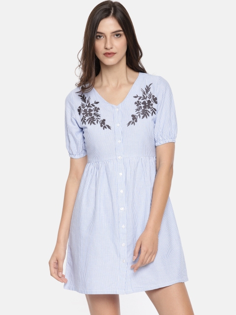 

People Women Blue & White Striped Fit and Flare Dress